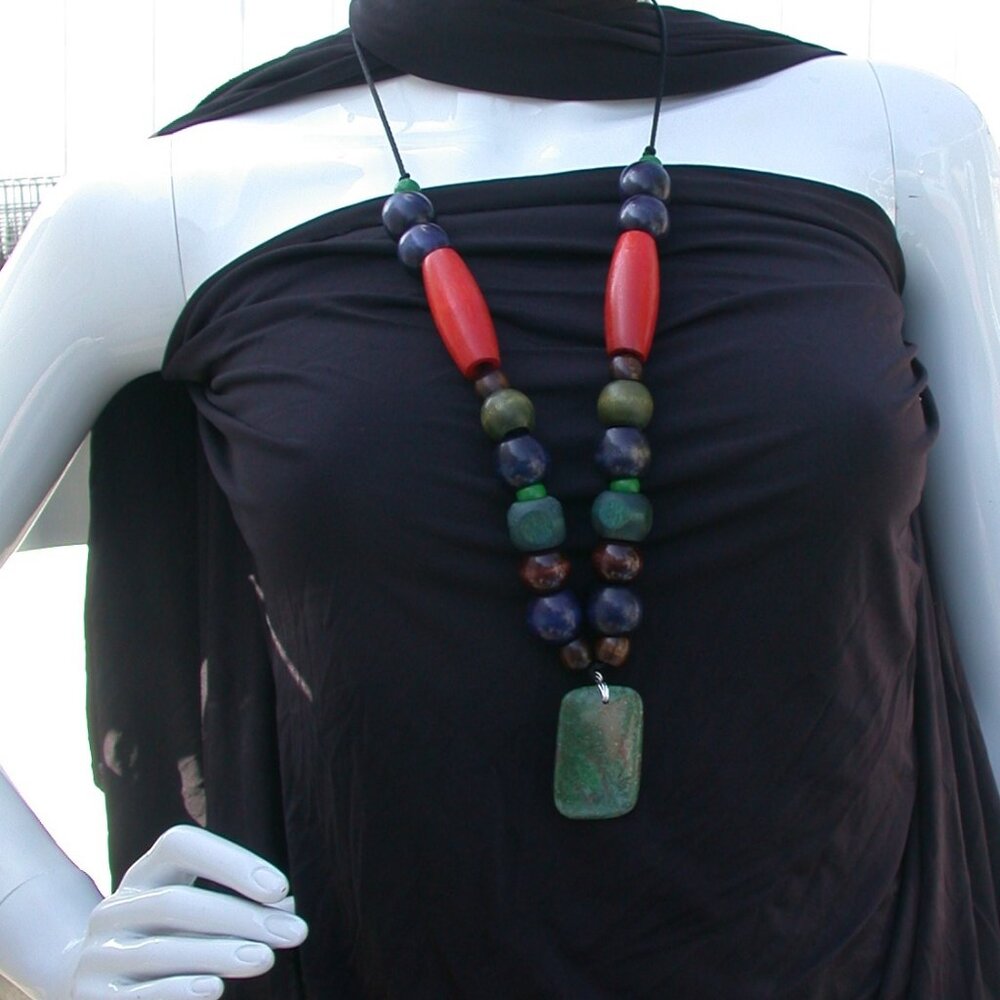 Handmade Aborigine Green Jasper Stone and Wood Bead Necklace One Of A Kind